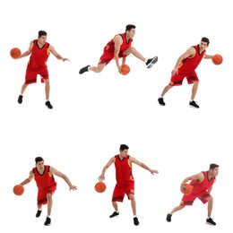 Image of Professional sportsman playing basketball on white background, collage