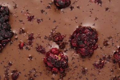 Photo of Chocolate bar with freeze dried blackberries as background, closeup