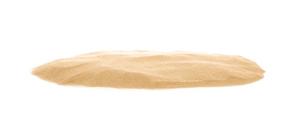 Photo of Heap of dry beach sand on white background