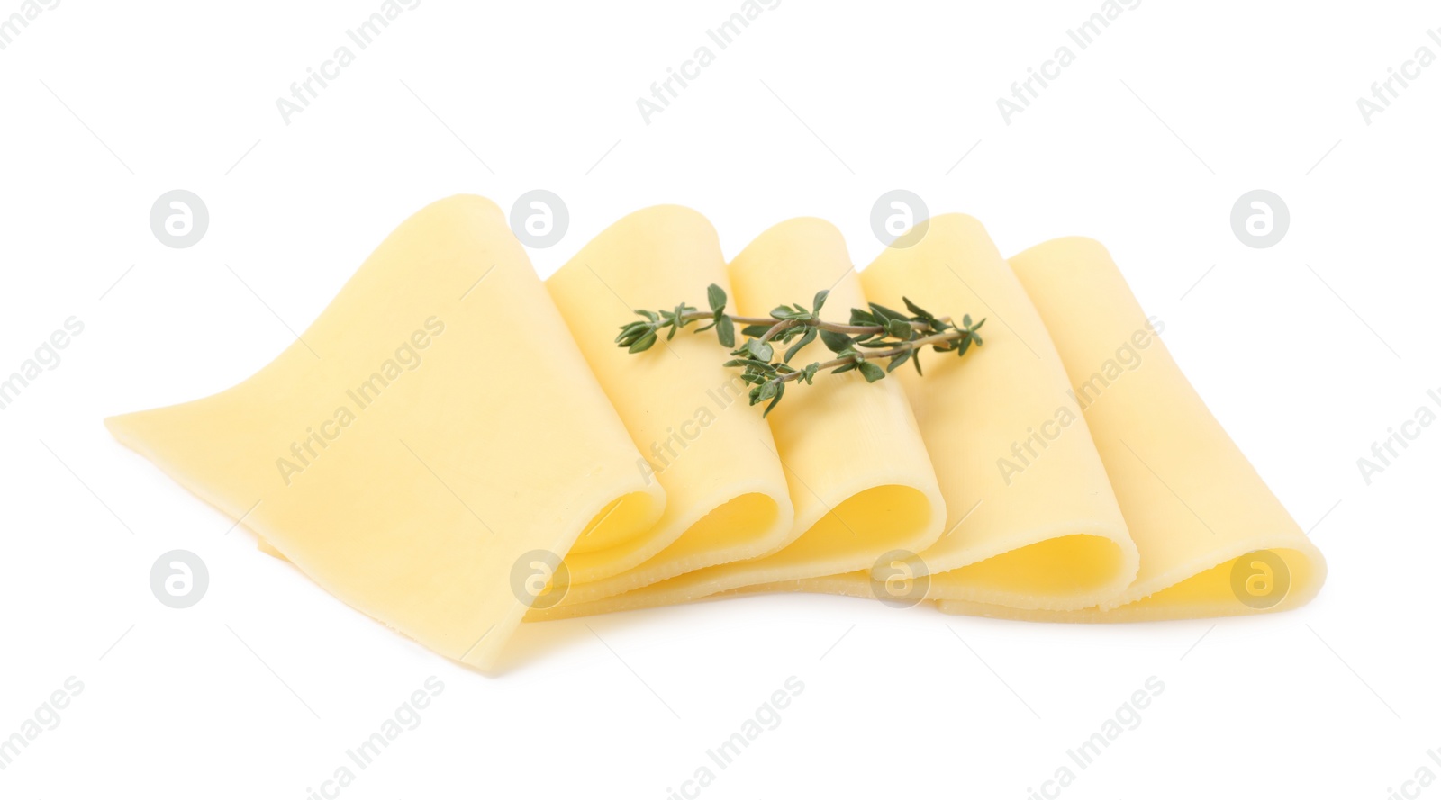 Photo of Slices of tasty fresh cheese and thyme isolated on white