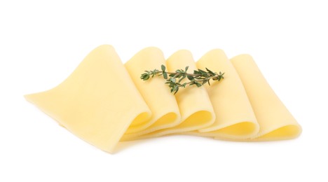 Slices of tasty fresh cheese and thyme isolated on white