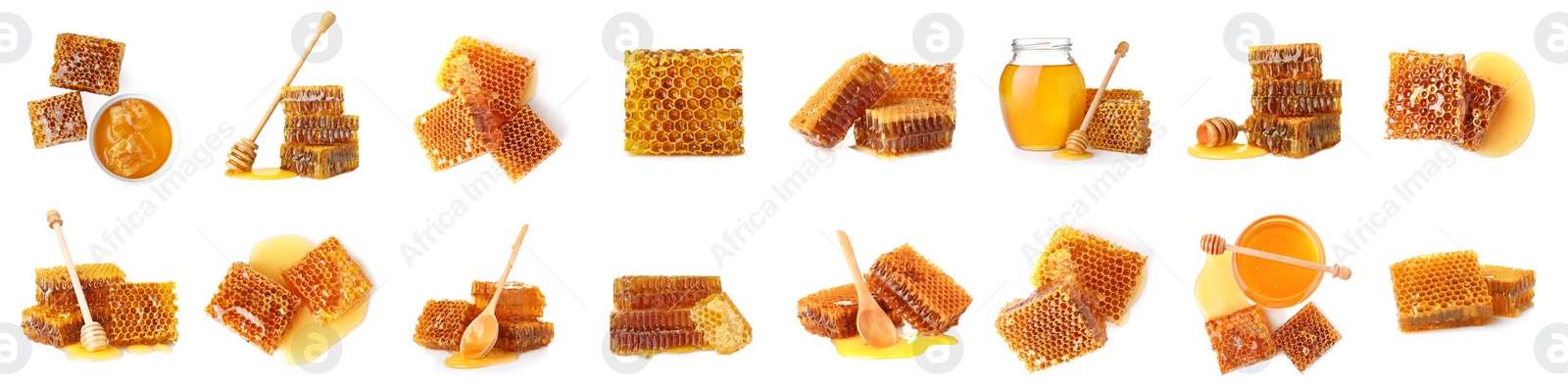 Image of Set with fresh delicious honeycombs on white background. Banner design