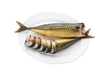 Plate with delicious smoked mackerels on white background, top view