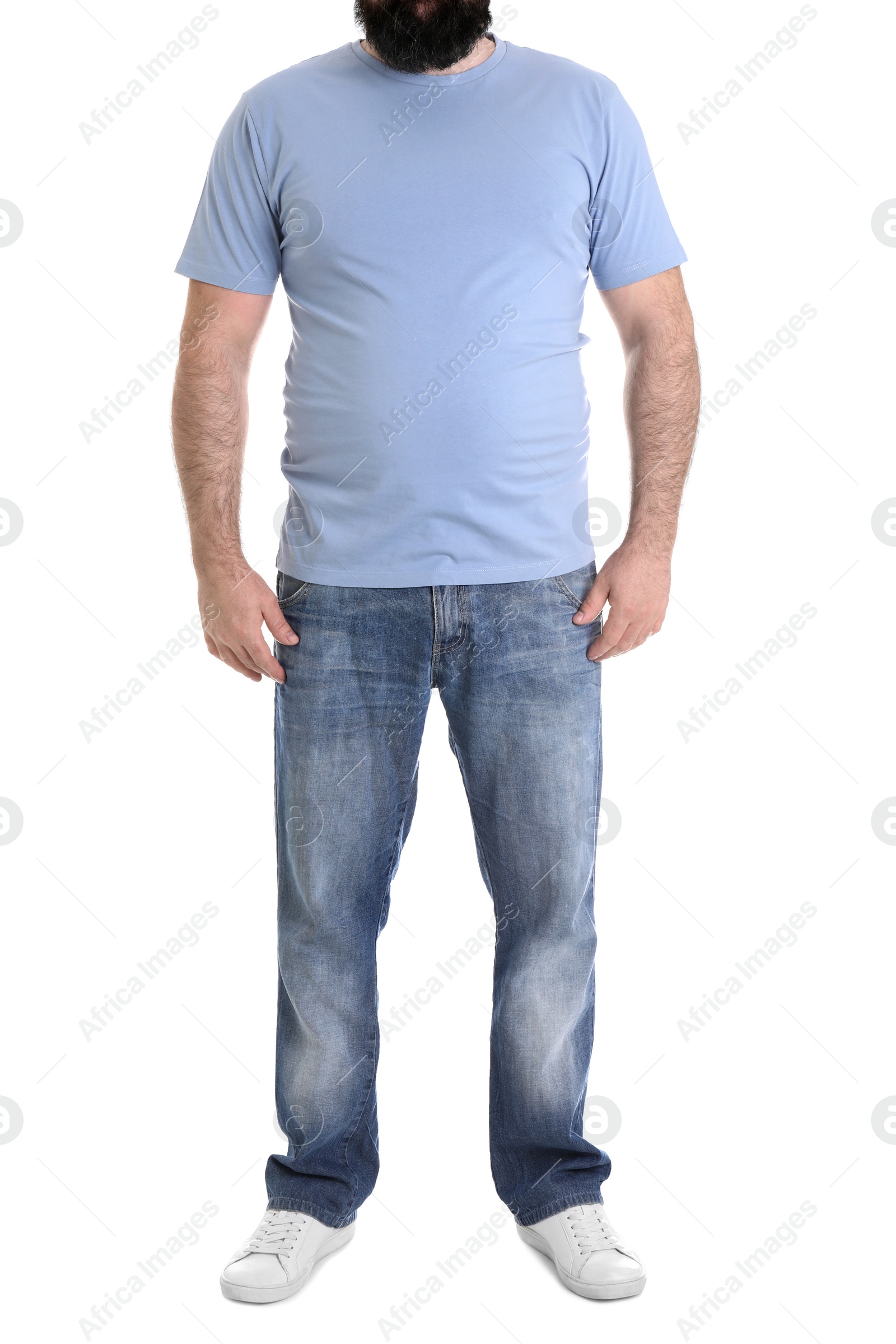 Photo of Overweight man isolated on white, closeup. Weight loss