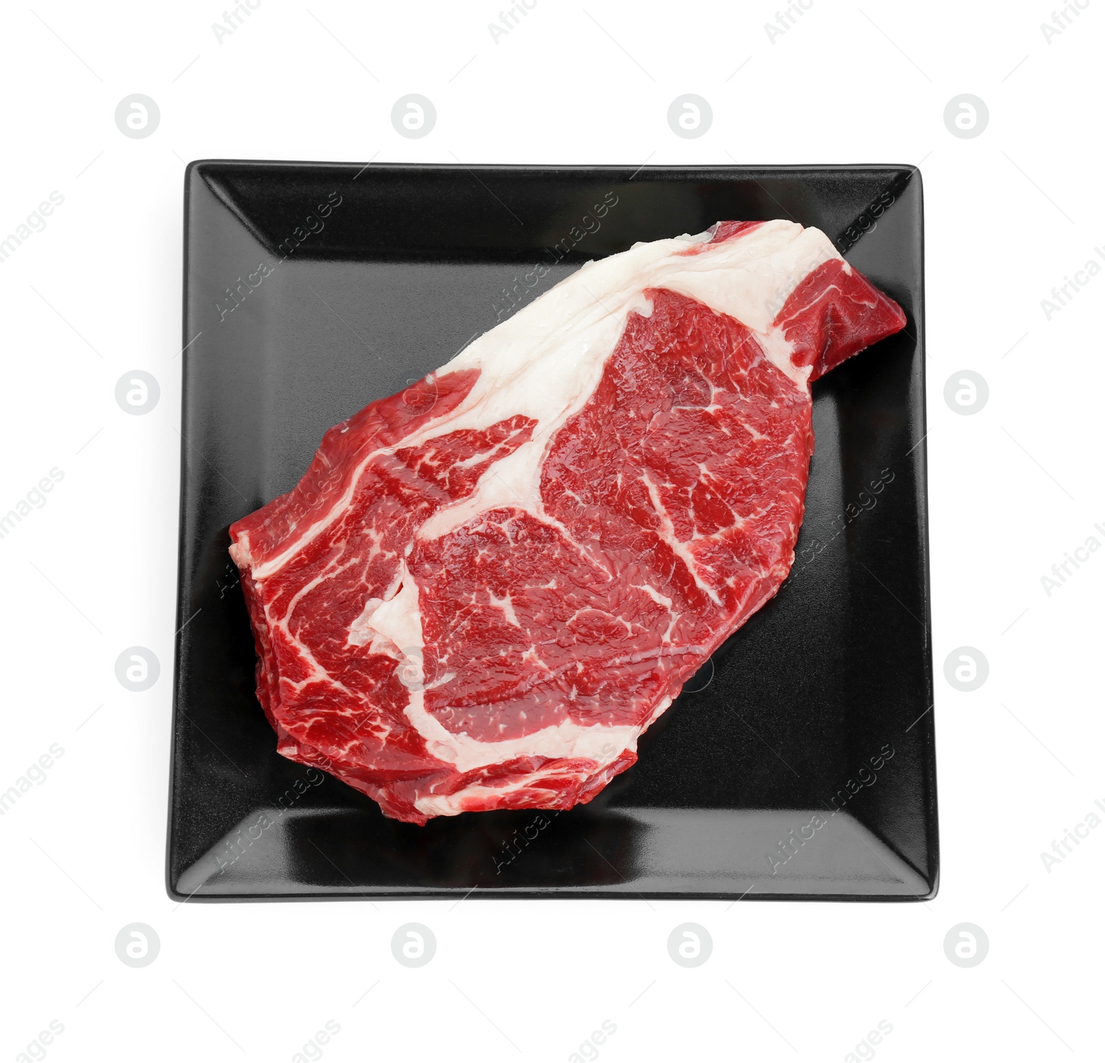 Photo of Piece of fresh beef meat isolated on white, top view