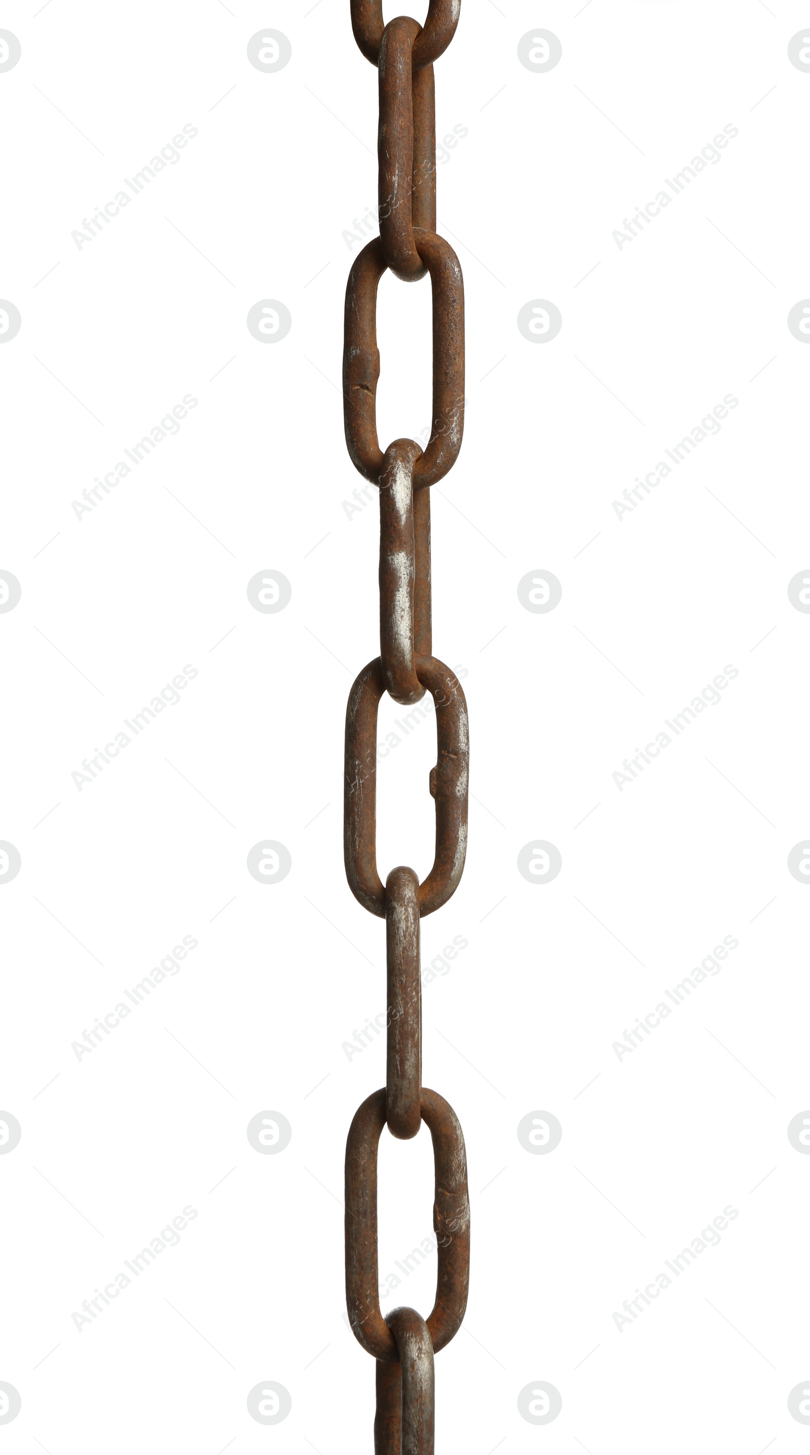 Photo of One rusty metal chain isolated on white