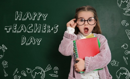 Emotional little child wearing glasses near chalkboard with text Happy Teacher's Day