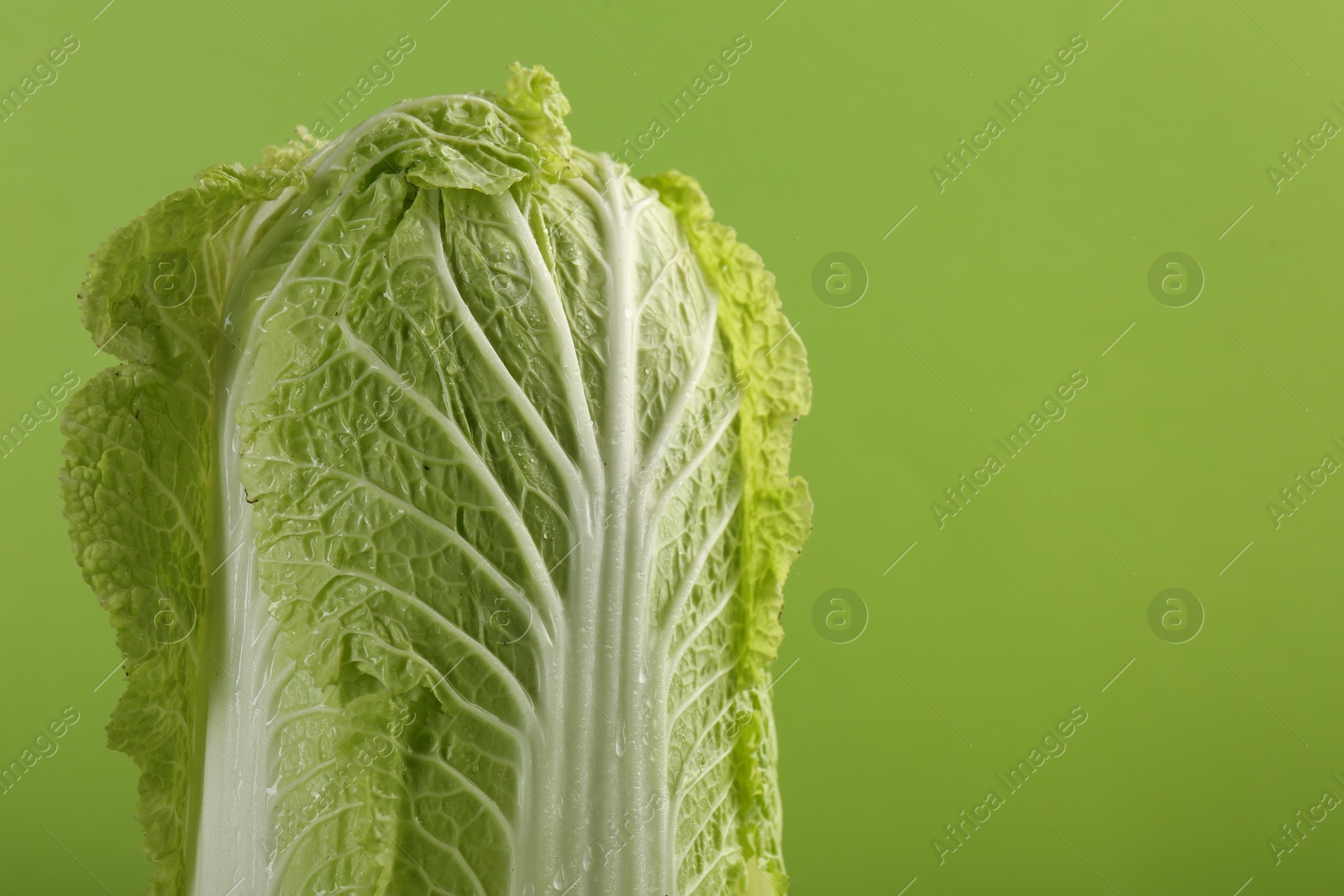 Photo of Fresh ripe Chinese cabbage on light green background, closeup. Space for text