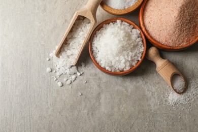 Different natural salt on grey textured table, flat lay. Space for text