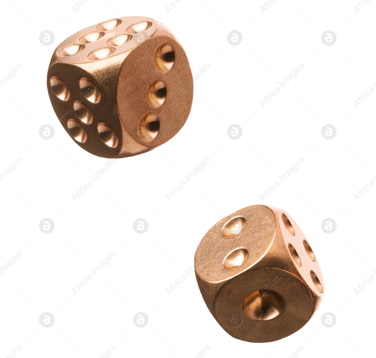 Image of Two golden dice in air on white background