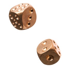 Two golden dice in air on white background