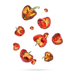 Image of Slices of grilled bell peppers in air on white background