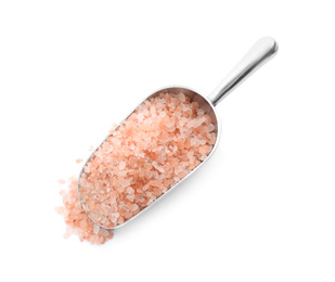 Photo of Metal scoop with pink himalayan salt isolated on white, top view