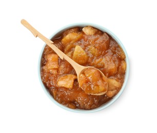 Tasty apple jam and spoon in bowl isolated on white, top view