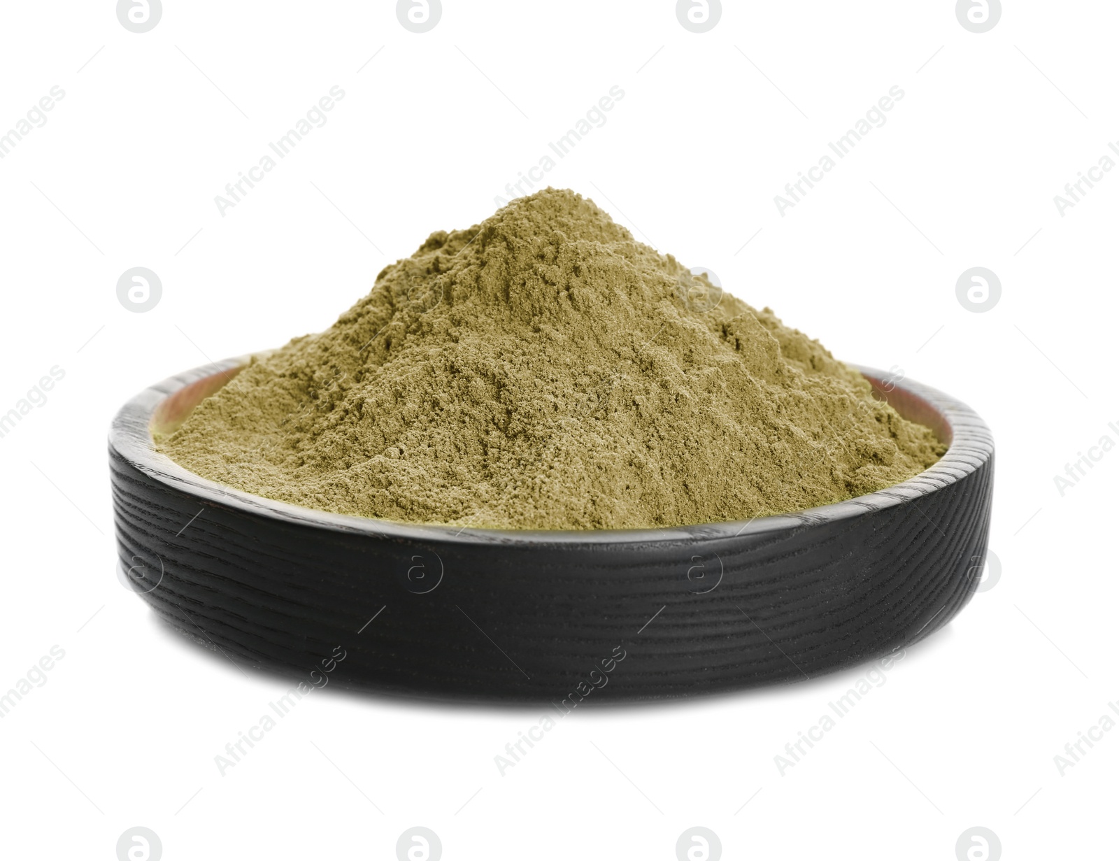 Photo of Bowl with hemp protein powder on white background