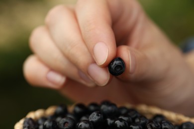 Photo of Woman holding bilberry above bowl with berries on blurred background, closeup