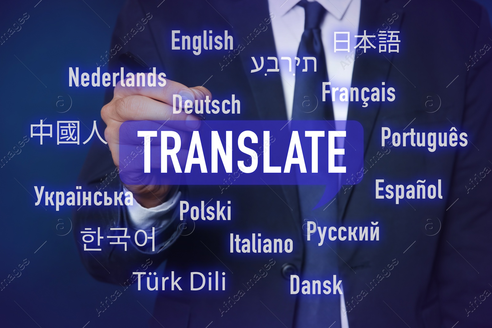 Image of Translator pointing at virtual screen with names of different languages on dark blue background, closeup