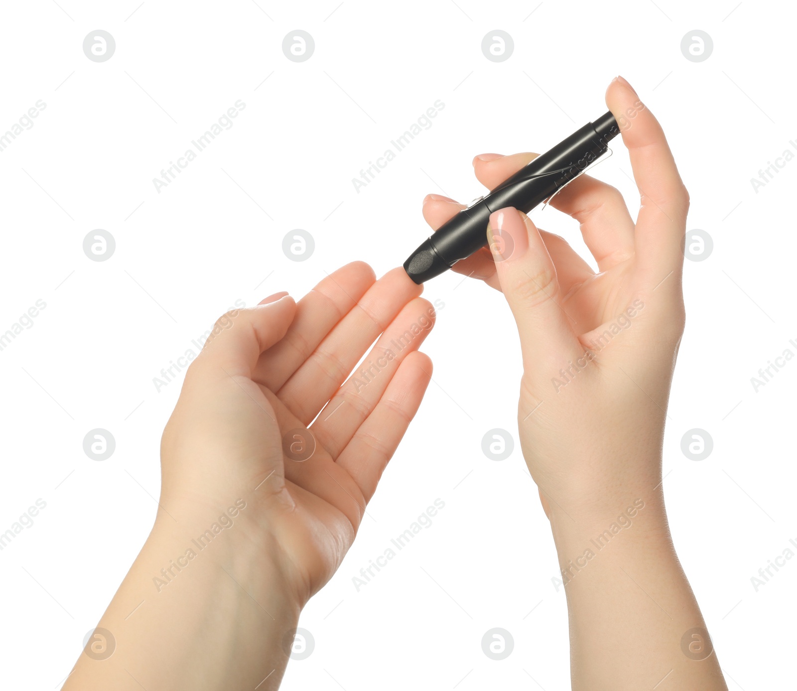 Photo of Diabetes. glucose testing. Woman using lancet pen on white background, closeup