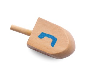 Photo of Wooden dreidel isolated on white, above view. Traditional Hanukkah game