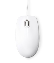 Photo of Modern wired computer mouse isolated on white, top view