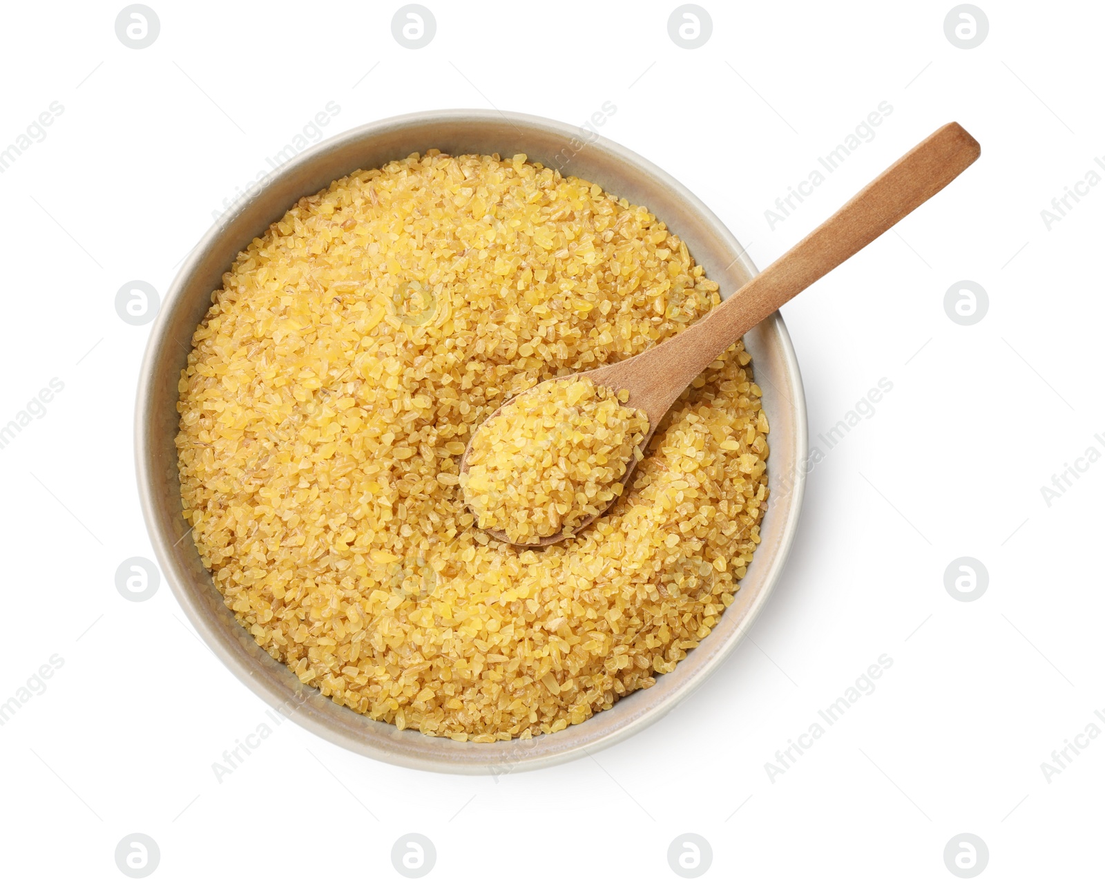 Photo of Bowl and spoon with raw bulgur isolated on white, top view