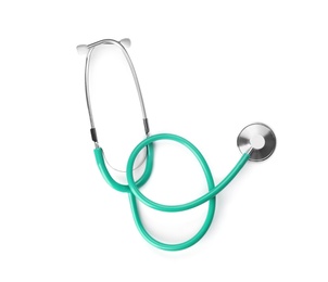 Photo of Stethoscope on white background, top view. Medical object