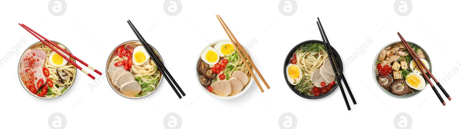 Image of Set with bowls of delicious ramen with different ingredients and chopticks isolated on white, top view. Noodle soup