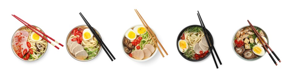 Set with bowls of delicious ramen with different ingredients and chopticks isolated on white, top view. Noodle soup