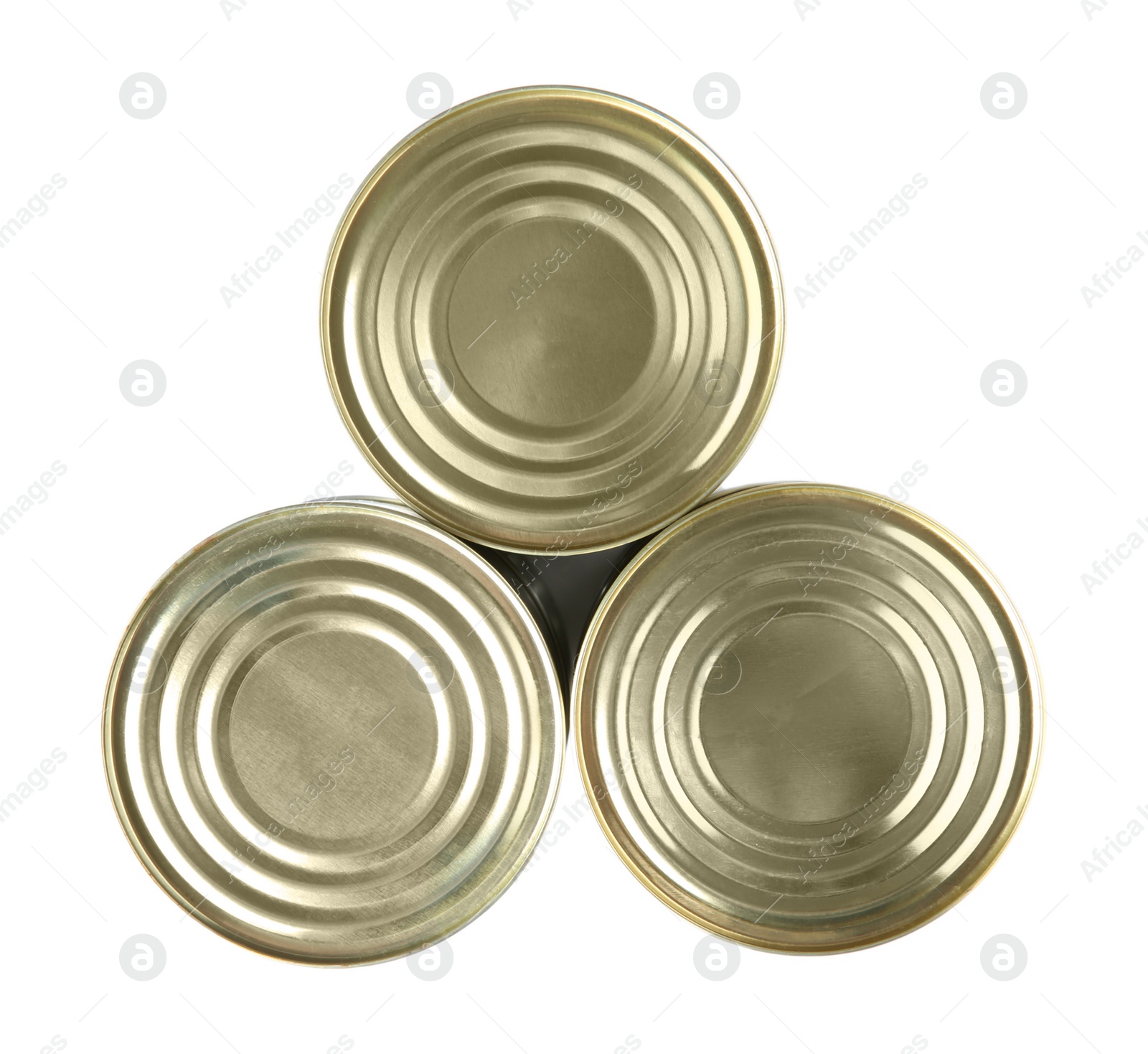 Photo of Closed tin cans isolated on white, top view