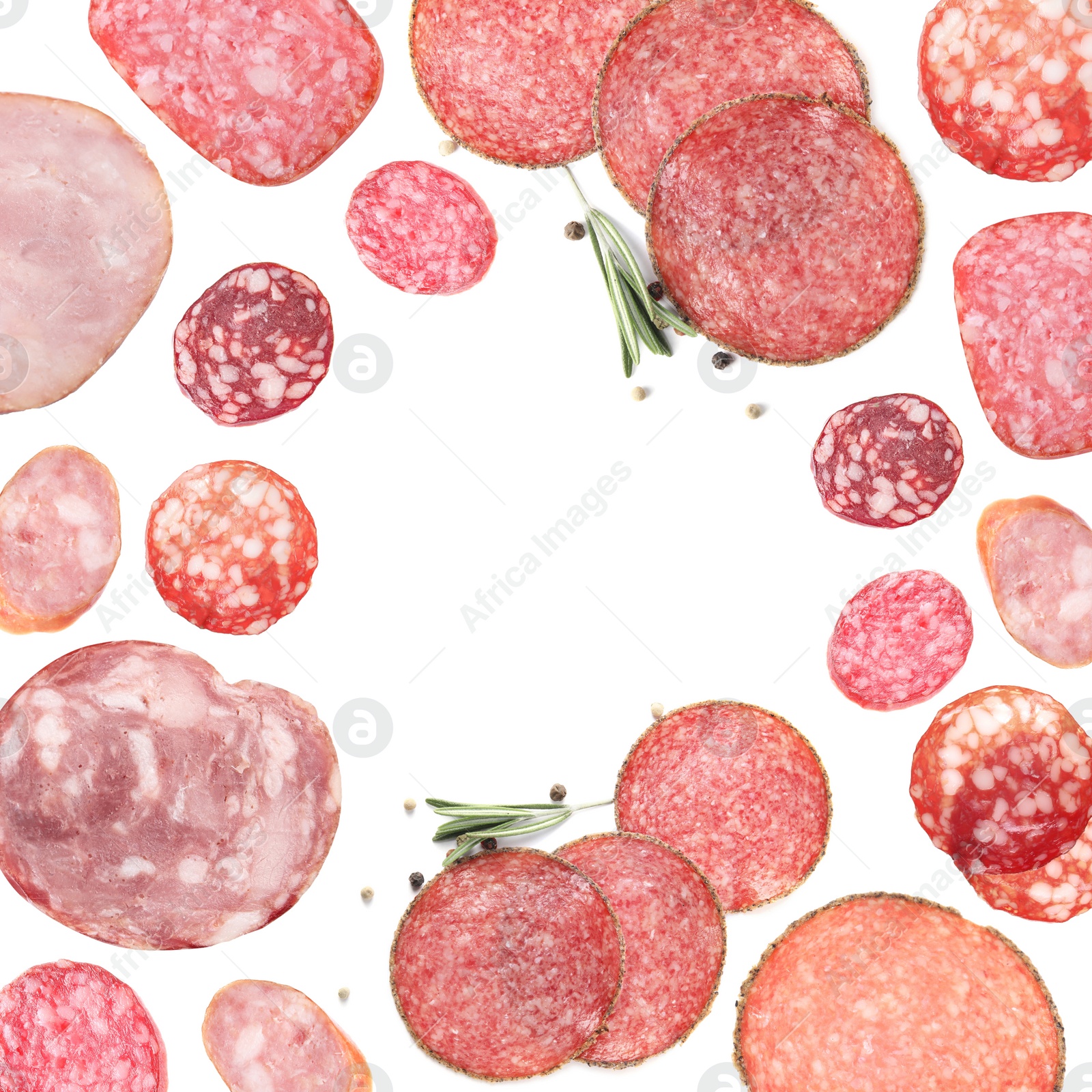 Image of Frame made of cut fresh sausage on white background, top view. Space for design