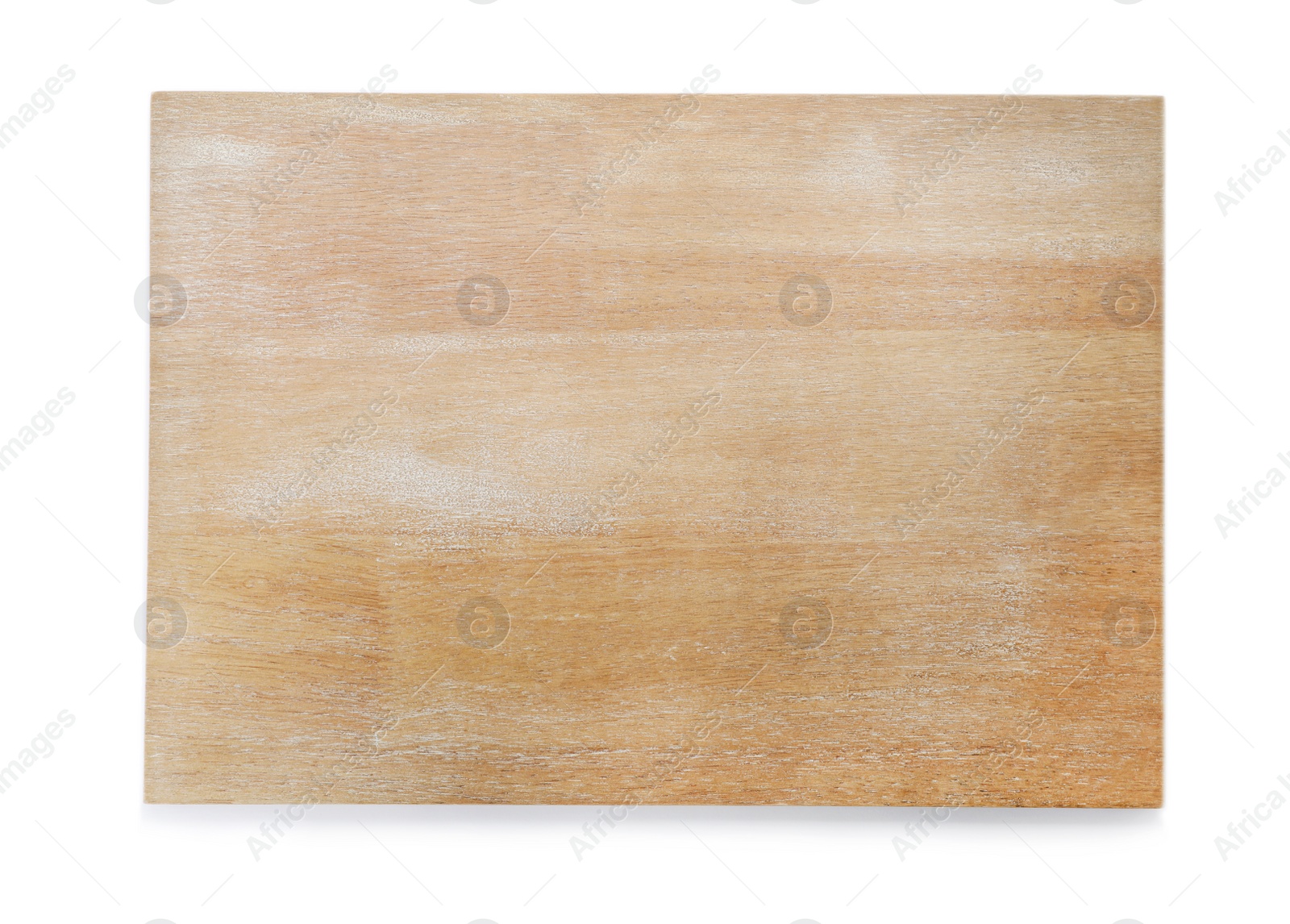 Photo of Wooden board on white background, top view. Kitchen accessory