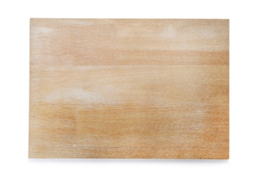 Photo of Wooden board on white background, top view. Kitchen accessory