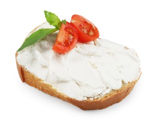 Bread with cream cheese, tomato and basil leaves isolated on white