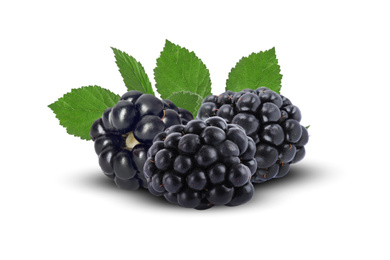 Image of Fresh ripe blackberries with green leaves on white background