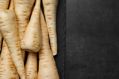 Delicious fresh ripe parsnips on black table, top view. Space for text