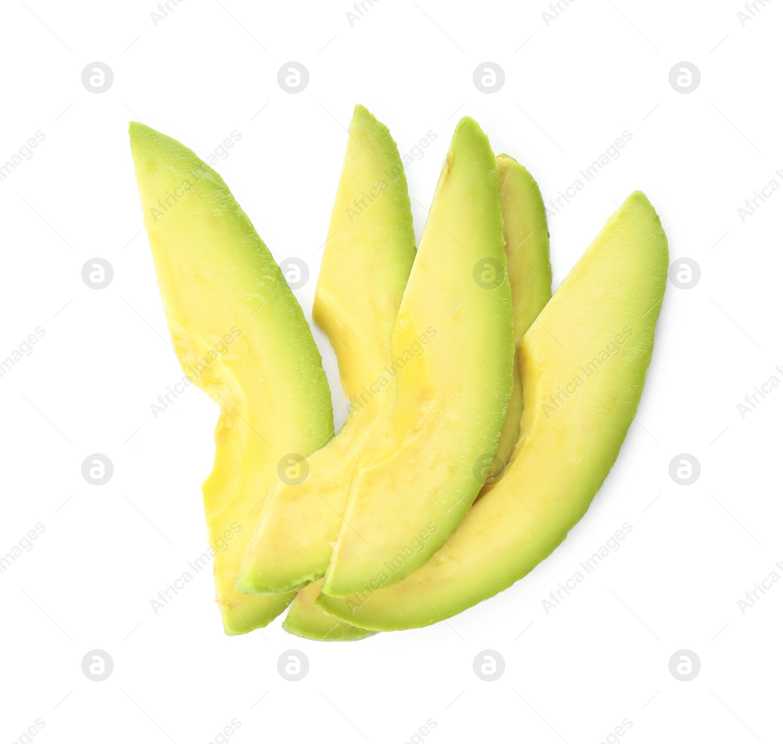 Photo of Slices of ripe avocado on white background, top view