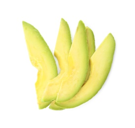 Slices of ripe avocado on white background, top view