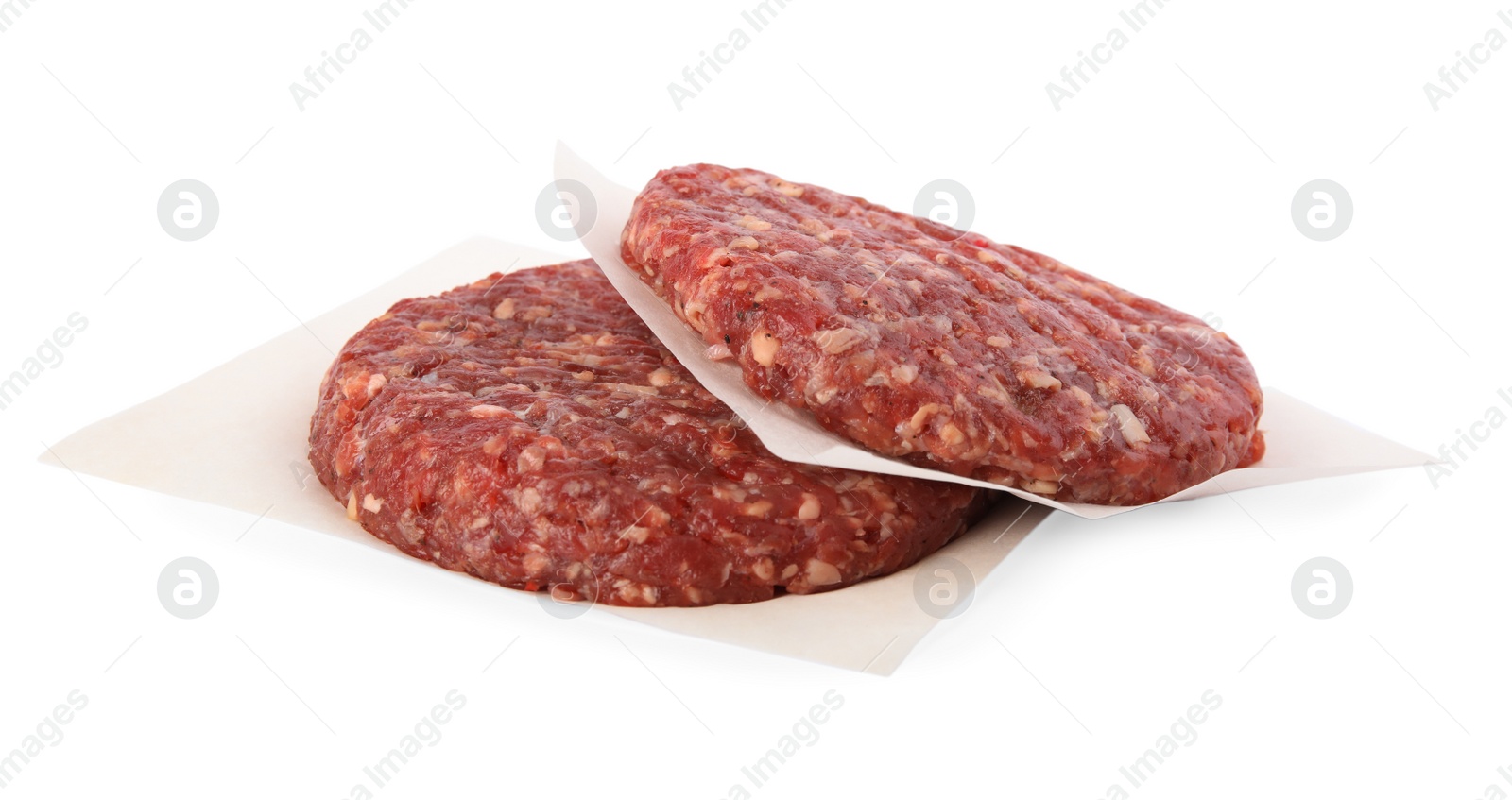 Photo of Raw meat cutlets for burger isolated on white