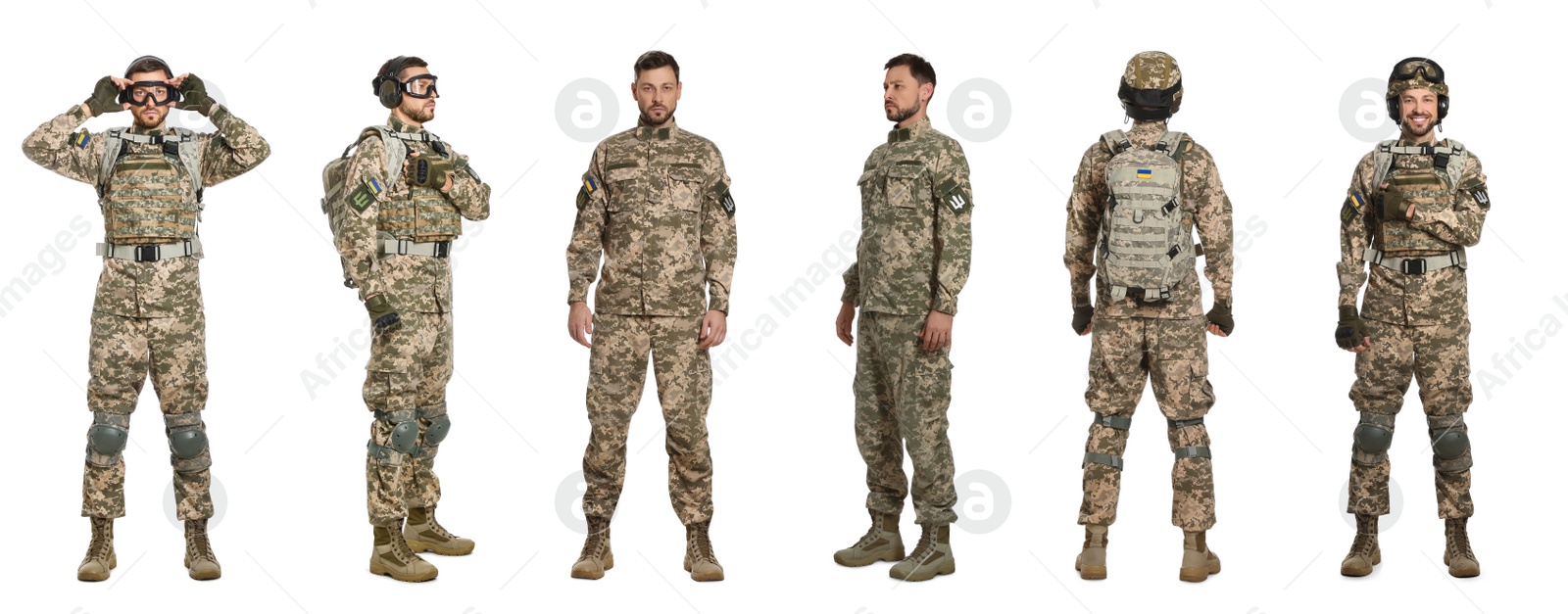 Image of Collage with photos of Ukrainian soldier wearing military uniform on white background. Banner design