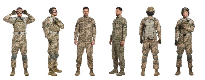 Image of Collage with photos of Ukrainian soldier wearing military uniform on white background. Banner design