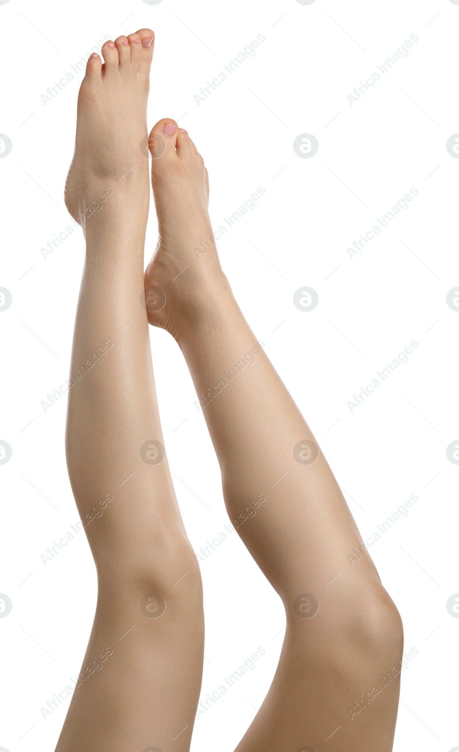 Photo of Woman with beautiful legs isolated on white, closeup