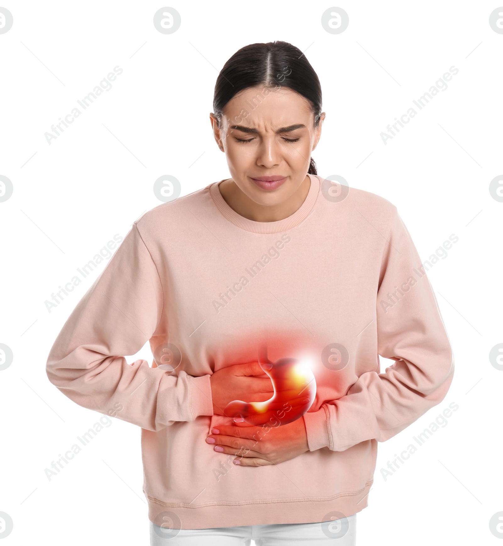 Image of Woman suffering from abdominal pain on white background. Illustration of unhealthy stomach