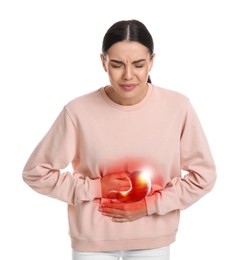 Image of Woman suffering from abdominal pain on white background. Illustration of unhealthy stomach