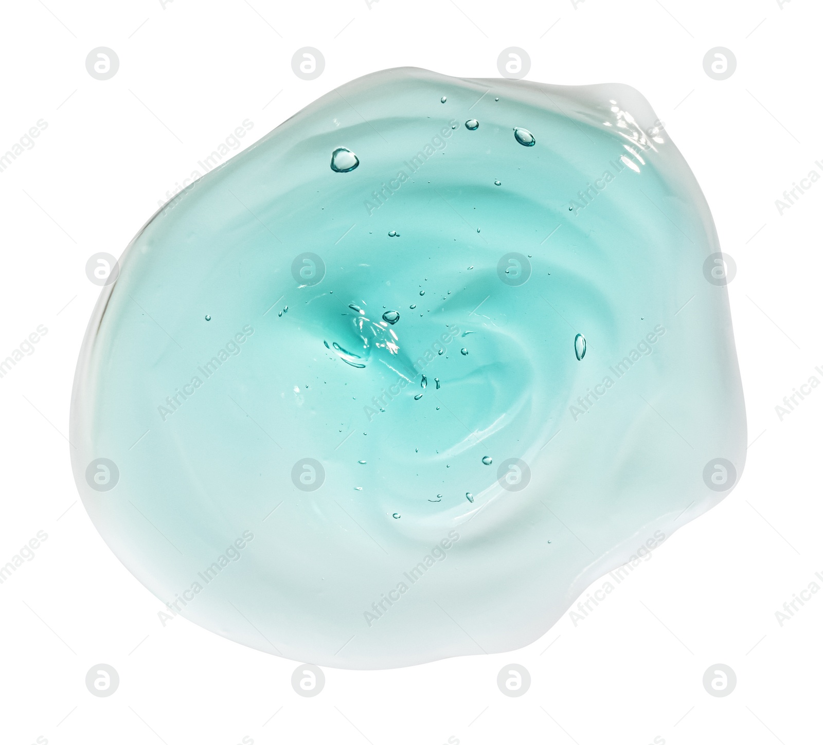 Photo of Sample of turquoise facial gel on white background, top view