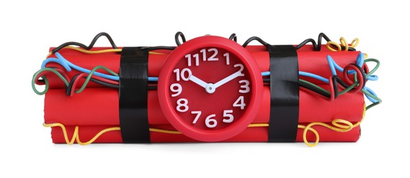 Photo of Explosive dynamite time bomb on white background