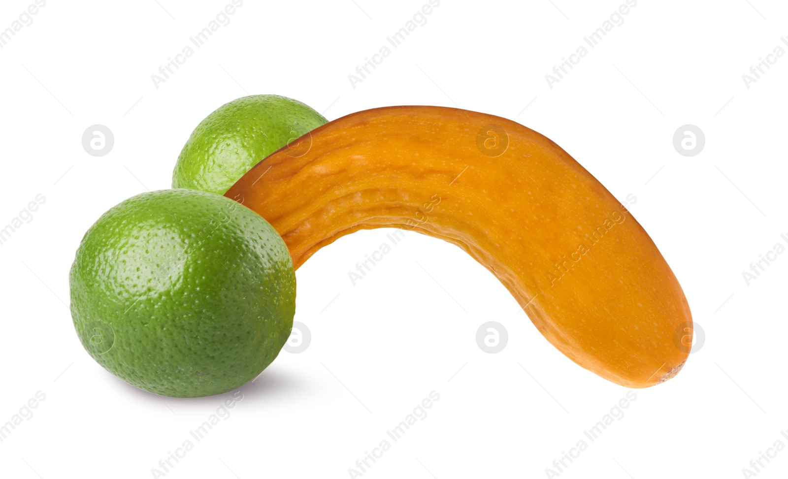 Image of Zucchini and limes symbolizing male sexual organs on white background. Potency problem