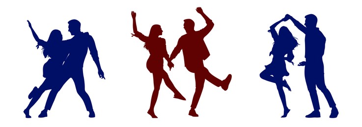 Set of dancing couples, silhouettes on white background