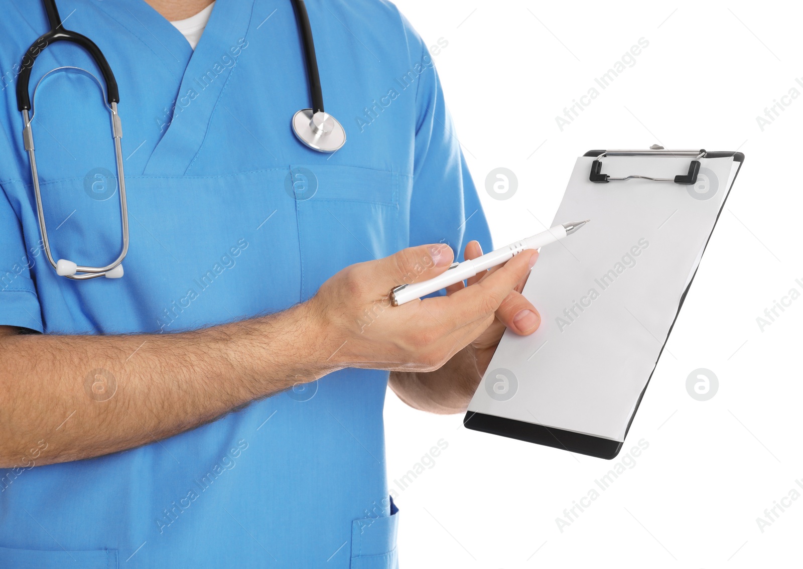 Photo of Doctor with clipboard on white background, closeup