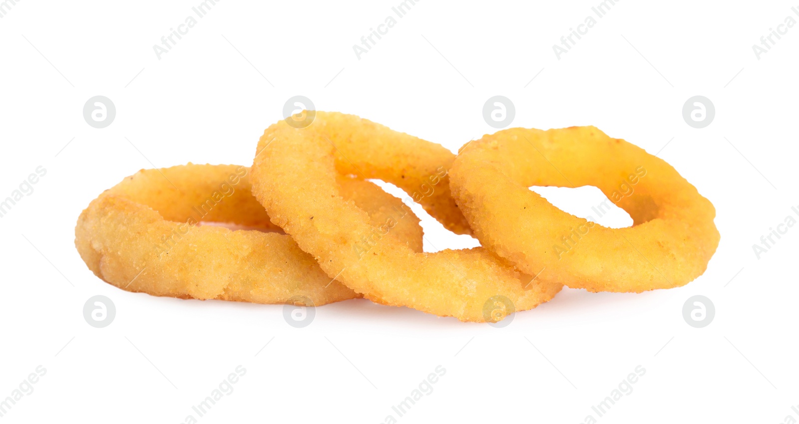 Photo of Delicious golden onion rings isolated on white