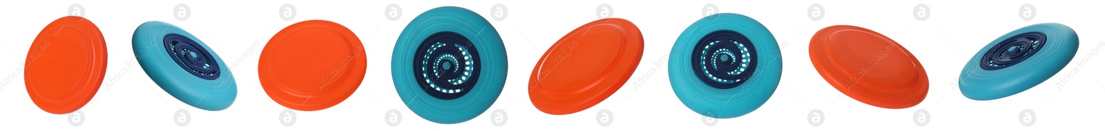 Image of Set of colorful frisbees on white background